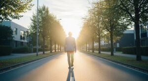 朝日を浴びながら道を歩く社会人の後ろ姿。 まっすぐ続く道の先に柔らかな光。 「自分らしい人生へのスタート」を象徴する構図。 フォトリアル・希望を感じさせる淡い色調。
