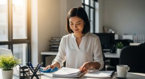 朝のデスク周りを整える若手社員。 デスクを拭き、書類を整理しながら小さく微笑む。 習慣・意識の積み重ねを象徴するフォトリアル構図。 明るい朝の自然光が差すオフィス。