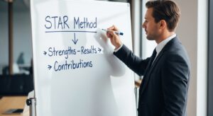 スーツ姿の社会人がホワイトボードに「STAR法」や「強み→成果→貢献」と書き出している。 論理的に整理された構図。 「自己PRを再構築する戦略的な姿勢」を象徴。フォトリアル。