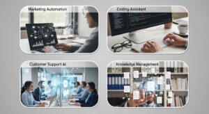 複数の業界シーンが1枚のコラージュとして表現される。 マーケティング、開発、カスタマーサポート、ナレッジ管理を象徴する4つの小場面。 キーワード: business collage, marketing automation, coding assistant, customer support AI, knowledge management, photoreal composite.