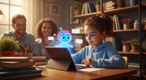 教室と家庭学習の両方を象徴する温かいシーン。 子どもがタブレットで学習しており、画面には優しいAIキャラクター（Gemini）が微笑みながら指導している。 背景には保護者と教師が穏やかに見守る姿。 キーワード: photoreal classroom and home hybrid, child learning with AI tutor, Gemini glowing interface, warm light, creative education, Google color palette.