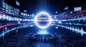 A futuristic AI core surrounded by streams of text, images, sound waves, and video frames merging into one luminous sphere labeled “Gemini Embedding.” The background is dark with glowing circuits symbolizing deep learning and multimodal fusion. Style: cinematic, photorealistic, blue-violet gradient lighting, futuristic tech atmosphere.