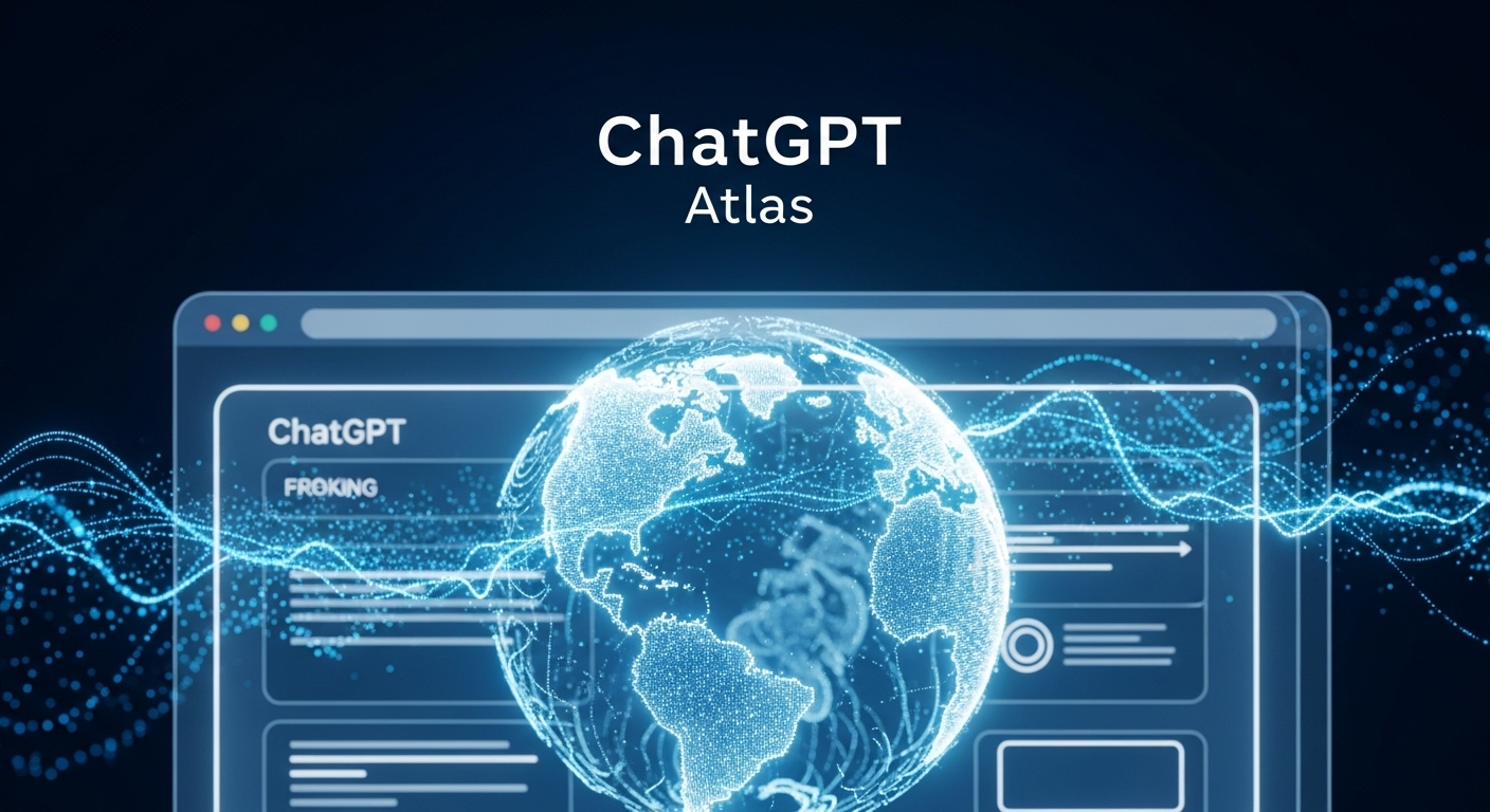 A futuristic AI-powered web browser interface glowing in blue and white, with the words “ChatGPT Atlas” hovering above a holographic globe made of light. Digital data streams flow around it, symbolizing AI integration and the future of the internet. Style: cinematic, photorealistic, cool tone (blue/white), evokes innovation and scale.
