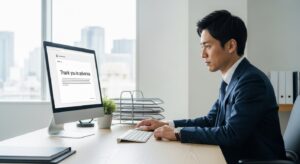 パソコン画面に映るビジネスメールの本文を見ながら考えるビジネスパーソンの手元。モニターには「よろしくお願いいたします」というフレーズが見える程度にぼかし、メールの文面をチェックしている姿。背景は明るいオフィス、自然光、整ったデスク。フォトリアルで清潔感のある現代的な日本の職場。