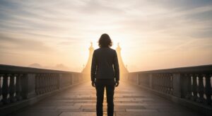 橋の中央で立ち止まり、向こう側の光を見つめる人物。 不安と希望が入り混じる静かな表情。 「恐怖を超える小さな一歩」を描写。 朝焼けの光、穏やかな風の動き、フォトリアル、