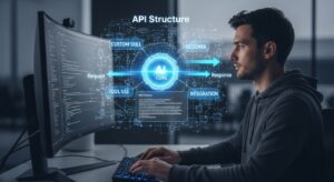 開発者がモニターの前でコードを書いており、背後にホログラムのAPI構造図が浮かぶ。リクエストとレスポンスの矢印、JSONスキーマ、光るAIコアが中央に配置される。キーワード「Custom Skill」「Tool Use」「Integration」が浮遊。ダークグレーと青のグラデーション、技術的で洗練された印象。フォトリアル、