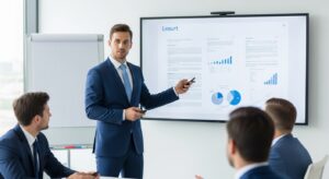 プレゼンテーション中の新人社員が、自信を持って発言しているシーン。