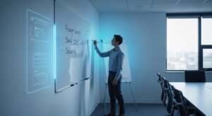 クリーンな会議室で、ビジネスパーソンがホワイトボードに 「Prompt設計」「スモールスタート」「Security」などのキーワードを書き込んでいる。 背景にClaudeの青い光が柔らかく差し込み、落ち着いた雰囲気で思考中の様子。 「注意」「学習」「戦略的思考」を象徴する構図。 キーワード: 設計, ロジカルシンキング, ホワイトボード, プロフェッショナル, 青と白のトーン, 静かな集中感。