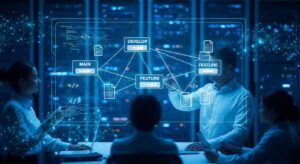 未来的なオフィスでエンジニアチームが大画面のホログラム上に映るGitフロー図を見ながら議論している。 main / develop / feature のブランチが光のラインで繋がり、各ノードにコードやプロンプトファイルのアイコンが浮かぶ。 背景にはサーバールームやデジタルネットワークが薄く光り、秩序と精密さを感じさせる構図。 キーワード: Claude Skills, Git workflow, branch strategy, team collaboration, version control, photoreal, blue neon light, futuristic office.