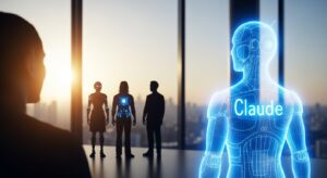 青く輝くClaudeのホログラムが、ユーザーの肩越しに立ち、 未来の都市を見つめている構図。 AIと人が並び立つシルエットが、「共に働く未来」を象徴する。 朝焼けの光が差し込み、希望的なトーン。 キーワード: Claude hologram, human and AI collaboration, sunrise, photoreal, positive, partnership, personal AI future.