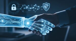 暗めのオフィスにて、 透明なAIの手と人間の手が握手しているクローズアップ。 背景にデジタルロックアイコン（セキュリティ）と 光で描かれたネットワークラインが浮かぶ。 「信頼」「安全」「共存」をテーマに、冷たい青の照明で落ち着いた印象。 キーワード: AI trust, cybersecurity, human-AI handshake, Gemini 2.5, future cooperation, neon blue light, security shield, photoreal macro shot.