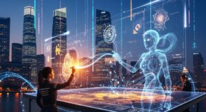未来都市を背景に、AIと人間が共同で巨大スクリーンにアートを描く。 光とデータが融合し、新しい創造の形を象徴する。 キーワード: creative future, human-AI art collaboration, digital cityscape, photoreal holographic canvas, warm futuristic tone.