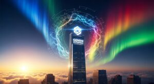未来的な企業タワーの上に輝く「Gemini Enterprise」のロゴ。 背景にデジタルな光の渦とGoogleカラーのオーロラ。 「AIとともに進化する企業」を象徴する構図。 キーワード: corporate skyline at dawn, digital light vortex, Gemini Enterprise logo glowing, Google aurora colors, photoreal inspirational finale.
