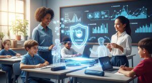 A futuristic classroom where teachers and students collaborate with AI holograms (Gemini). A glowing shield icon represents safety and ethics in AI education. The background shows data visualization and children learning happily in a balanced digital environment. Style: futuristic yet human-centered, photoreal, balanced lighting, Google-inspired interface design, hopeful mood.