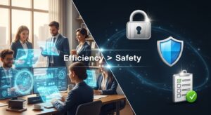 Split-screen visual: Left side — bright scene of employees working efficiently with AI tools. Right side — icons of a lock, shield, and checklist, representing data security and ethical use. Text overlay concept like “Efficiency × Safety”. Style: photoreal, balanced tone, conceptual business illustration, trustworthy atmosphere.
