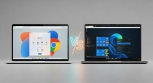 Two laptops side by side — one displaying Chrome with Gemini UI, the other showing Edge with Copilot panel. Subtle brand cues (Google colors vs Microsoft tones). Between them, a glowing “VS” symbol made of light. Style: photoreal, sleek comparative layout, neutral background, minimal corporate tone.