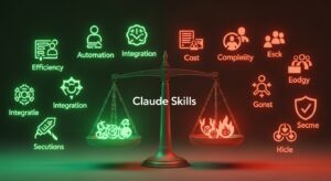 Split-screen composition: left side glowing green icons (efficiency, automation, integration), right side red-orange icons (cost, complexity, security). In the center, “Claude Skills” acts as a balance scale holding both sides evenly. Style: photorealistic symbolic concept, contrasting warm and cool tones.