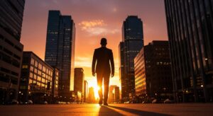 夕方のオフィス街を背景に、若手ビジネスパーソンが自信を持って歩き出す後ろ姿。