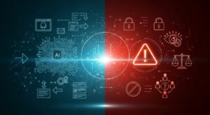 Split image: on the left, bright imagery showing innovation (glowing AI circuits, efficient workflow); on the right, darker side showing caution symbols like a warning triangle and data ethics icons. Style: conceptual illustration, balanced color contrast (blue vs red), symbolic but modern.