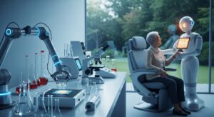 A laboratory where an AI-assisted robotic arm performs precise experiments, and in the background, a medical assistant robot gently helps an elderly person. Style: soft futuristic realism, gentle light, blending science and humanity.