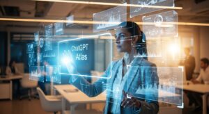 A professional in a modern office interacting with a glowing AI interface labeled “ChatGPT Atlas.” Holographic data charts and digital documents float around, symbolizing productivity and automation. Style: photorealistic, futuristic yet warm, white and blue tone, corporate innovation atmosphere.