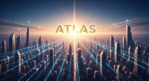 A futuristic city skyline illuminated by streams of data light connecting every building, representing a connected web powered by AI. In the sky, a glowing Atlas logo shines like a new sun. Style: cinematic, visionary, glowing horizon, blue and gold tones.