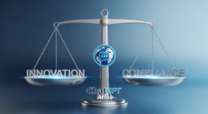 A balanced scale symbolizing “Innovation” and “Compliance,” with the ChatGPT Atlas logo in the middle as equilibrium. Style: symbolic composition, minimalist design, silver and blue tones.