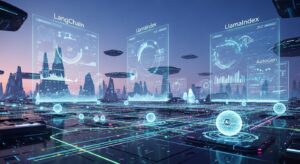 A futuristic digital landscape showing multiple AI agents (represented as luminous orbs) collaborating through glowing data links. In the background, holographic charts display “LangChain”, “LlamaIndex”, “AutoGen”, symbolizing open-source AI ecosystems. Style: wide-scale concept art, neon light trails, sci-fi but elegant tone.