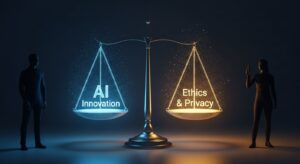 A scale balancing “AI innovation” on one side and “Ethics & Privacy” on the other, both made of holographic light. Human silhouettes observe the balance, representing responsibility in technology. Style: conceptual art, dark background with soft blue and gold illumination.