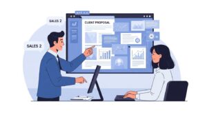 Four panels showing departments: Sales: AI helping create a client proposal. Marketing: data dashboards auto-updating. IT: code being reviewed by an AI assistant. HR: chatbot answering employee questions. Style: semi-realistic isometric view, professional tone, variety in each scene.