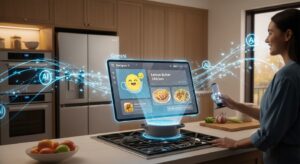 A futuristic smart kitchen filled with softly glowing smart appliances — refrigerator, oven, and smart display — all connected by flowing AI data lines. On the central display, Gemini’s holographic interface suggests recipes like “Lemon Butter Chicken” with cheerful visuals of food. A person smiles as they follow the AI’s voice instructions while cooking. Style: photorealistic, modern home aesthetic, warm natural light with subtle futuristic accents, clean composition.