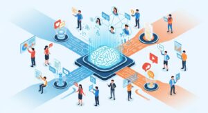 A conceptual visual showing a glowing AI brain generating multiple value streams — data, community, content, and engagement — instead of direct money icons. Around it, users interact joyfully with holographic apps and charts, symbolizing non-monetary ecosystem growth. Style: isometric, futuristic business infographic style, light background with blue and orange gradients.