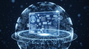 A stylized visualization of the ChatGPT Atlas browser emerging from a sphere of glowing digital data streams. The browser interface blends chat windows, AI icons, and web content into a seamless, luminous structure. Style: abstract futuristic design, deep blue and white neon tones, sense of intelligence and innovation.