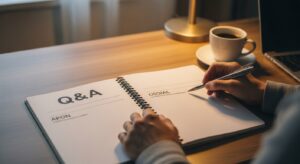 机の上にノートとコーヒー。 「Q&A」や「FAQ」と書かれたページを開きながら考える社会人。 自宅の落ち着いた空間、木目調のデスク、温かい照明。 安心感と理解を象徴するフォトリアル写真。