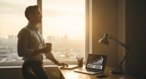 朝日が差し込むオフィスの窓際で、自信に満ちた表情の30代エンジニア。 手にコーヒーを持ち、デスクのノートPCには成長グラフと「NEXT GOAL」の文字。 背景は都市の朝焼け、前向きで希望を感じる構図。 ウォームトーン、自然光、清潔感と達成感を表すビジュアル、16:9、フォトリアル。