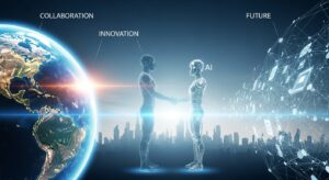 人間とAIのホログラムが握手しており、背景には光る地球と広がるデータネットワーク。空には「Collaboration」「Innovation」「Future」の文字が浮かぶ。未来都市のシルエットが奥にあり、希望と進化を象徴する青白い光で包まれている。温かみと先進性を兼ね備えた構図。フォトリアル、