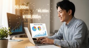 日本人の若手エンジニアが自宅のデスクでノートパソコンを操作しながら、モニターに映る収入グラフや案件管理表を見て微笑むシーン。背景に「5万円」「10万円」など副収入を示す数字が光り、成長カーブを描くグラフが重なる。ナチュラルな光と木目調のデスクでリアルな在宅ワーク感。希望と達成感を表す暖色トーン。フォトリアル、1