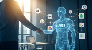 朝日が差し込む未来的なオフィス。 ビジネスパーソンがAIホログラム（Claude）と握手しながら、背景に光のラインでつながるノーコードツールのアイコン（Zapier・Google Sheets・Slack）。 「AI × ノーコード × 生産性向上」を象徴する希望的ビジュアル。 キーワード: 希望, 革新, 協働, 未来の働き方, フォトリアル, 光のエフェクト, 青と金のトーン。