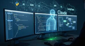 デスク上に複数のモニターが並び、Python SDK、TypeScriptコード、LangChainの構成図が表示されている。 モニター越しに浮かぶClaudeのホログラムが、開発者をサポートしているように見える。 背景にはAI・SDK・API・LangChainなどの文字が淡く光るデジタルアート。 キーワード: Claude SDK, LangChain, AI framework, Python code, holographic interface, developer tools, photoreal, blue-white light, innovation, coding environment.