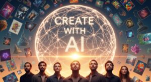 光り輝くAI球体の前に立つクリエイターたち。 彼らの背後には、生成された無数の作品が宙に浮かぶ。 「Create with AI」の文字が光の粒で浮かび上がる。 キーワード: AI creative revolution, future of art, Gemini 2.5, photoreal inspiration, warm light finale.