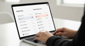 A businessperson comparing plans on a laptop screen labeled “Gemini Free vs Gemini Advanced”. The display shows clear icons for pricing tiers, cloud storage, and performance speed. The workspace has calm tones and a modern, tech-savvy mood. Style: photoreal, minimal, Google product aesthetic, clean white background.
