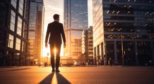 夕方のオフィス街を背景に前を向く若手社員。希望と成長を象徴するフォトリアル構図。