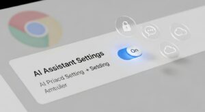 A close-up of a Chrome settings window showing “AI Assistant Settings” being enabled. The toggle switch glows blue, and icons of privacy, chat, and cloud float nearby. Background includes subtle Google branding and soft shadows. Style: photoreal, macro shot of interface, instructional tone, Google UI realism.