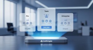 A digital dashboard showing different subscription tiers as holographic cards labeled “Pro,” “Team,” and “Enterprise,” floating above a glowing Anthropic-branded platform. Each tier card shows icons for features and pricing. Style: clean futuristic business UI, soft gradient lighting (blue-white).