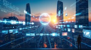 A futuristic cityscape where holographic data streams of text, images, sounds, and videos float through the skyline — all connecting to a glowing AI orb labeled “Gemini.” A human silhouette stands looking up at it, symbolizing AI as a creative partner. Style: cinematic, hopeful tone, warm blue and gold lighting.