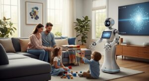 A household scene with a friendly home assistant robot tidying a modern living room and interacting with a family. It suggests warmth, intelligence, and harmony between AI and humans. Style: bright, soft lighting, photorealistic, warm futuristic tone.