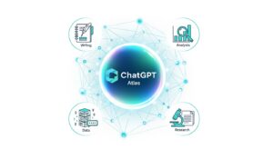 A glowing 3D hologram of the ChatGPT Atlas logo at the center, surrounded by icons for writing, analysis, data, and research. Each icon connected with light lines forming a neural network pattern. Style: infographic illustration, clean white background, teal-blue accents. 