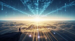 A person standing before a glowing digital horizon with a holographic “ChatGPT Atlas” interface expanding endlessly into the sky. Light trails flow toward the person, symbolizing connection, discovery, and transformation. Style: cinematic, hopeful, sunrise lighting, soft gradients from blue to gold.