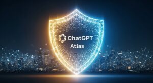 A glowing shield formed from interlocking data lines around the ChatGPT Atlas logo. In the background, a futuristic city skyline representing secure digital transformation. Style: cinematic, blue and gold gradient, conveys hope and resilience.
