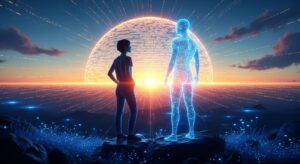 A human developer and an AI hologram standing side by side, gazing at a sunrise made of glowing digital code lines spreading across a horizon. The scene symbolizes innovation, collaboration, and the dawn of a new AI era. Style: cinematic, warm light with soft blue highlights, hopeful and inspiring mood.